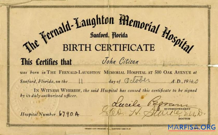 Downloadable United States the Fernald Laughton Memorial hospital birth certificate template